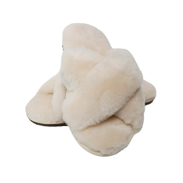 Women's Cross Band Fuzzy Slippers White 100% natural Australian merino sheepskin Genuine Shearling Sheepskin Slippers House Slippers